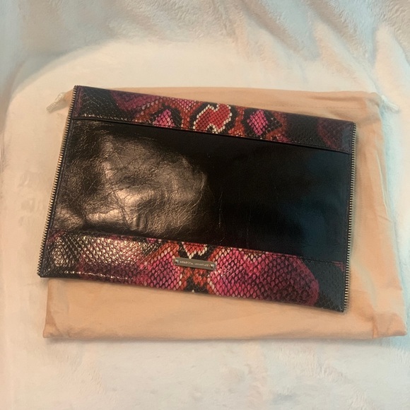 Rebecca Minkoff Pink & Black Snake Embossed Leather Leo Clutch w/ Dust Bag! - Picture 2 of 9